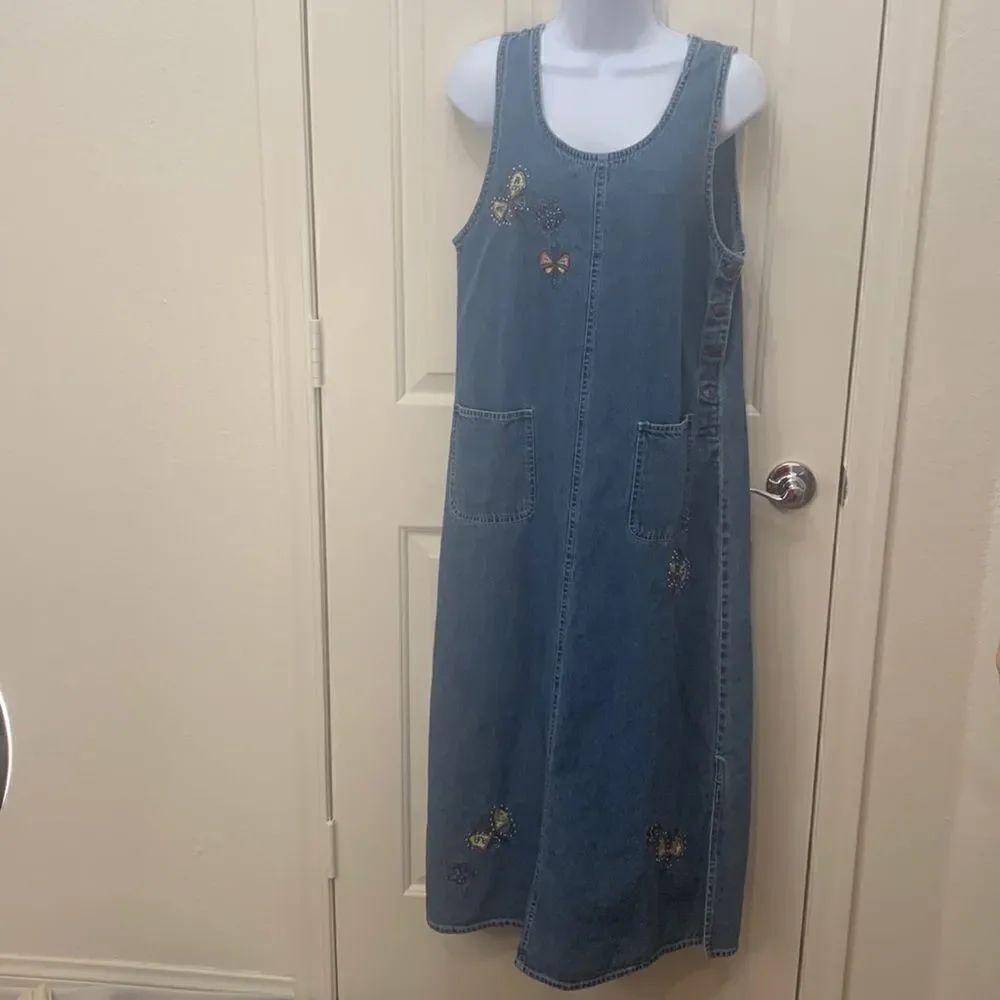 Agapo Collection Blue Denim Scoop Neck Short Sleeve Maxi Side Button Embroidery